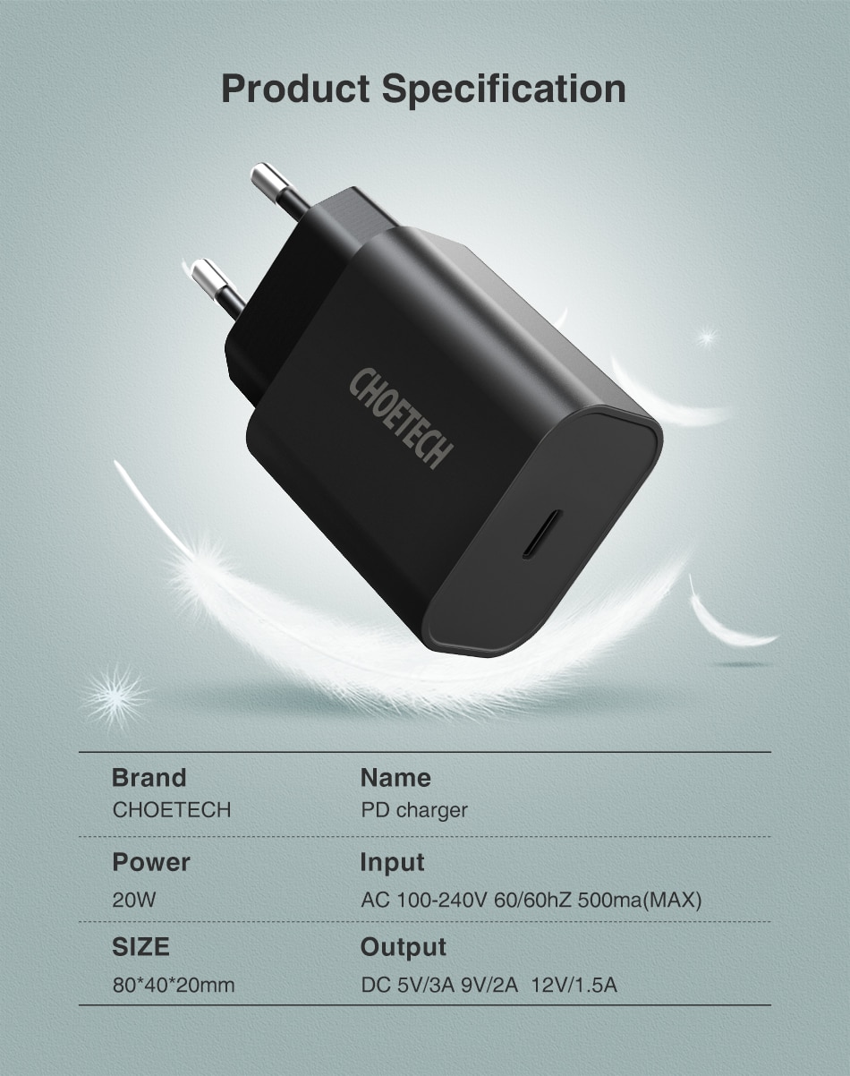 CHOETECH Quick Charge 3.0 20W USB-C Power Adapter Fast PD Charger For iPhone 11 12 Xs X 8 PD 3.0 USB Type C Charger Wall Charger