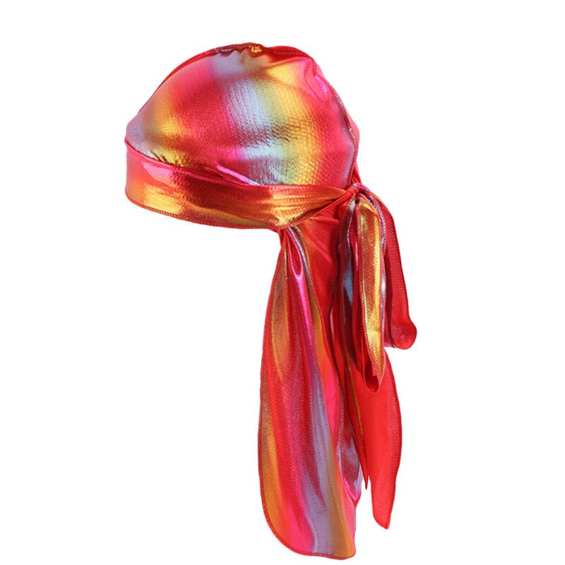 Durag Do Doo Du chiffon, casquette de randonnée respirante, Bandana en soie scintillante, couvre-chef à longue queue pour hommes et femmes, chapeau de Pirate Hip Hop: Red