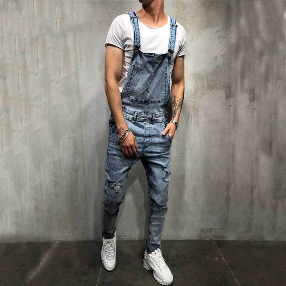 Us størrelse menn ripped denim jumpsuit overall jean casual seler bukser menn hip hop jumpsuit jean bib pant streetwear