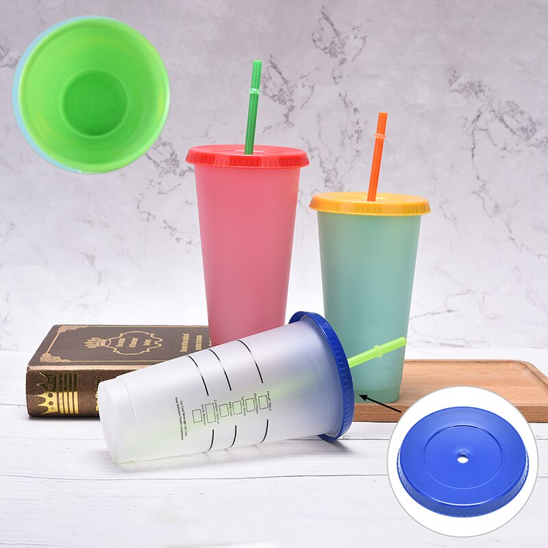 Color Changing Cold Cups Plastic Colorful Cold Water Color Changing Coffee Cup Mug Water Bottles With Straws