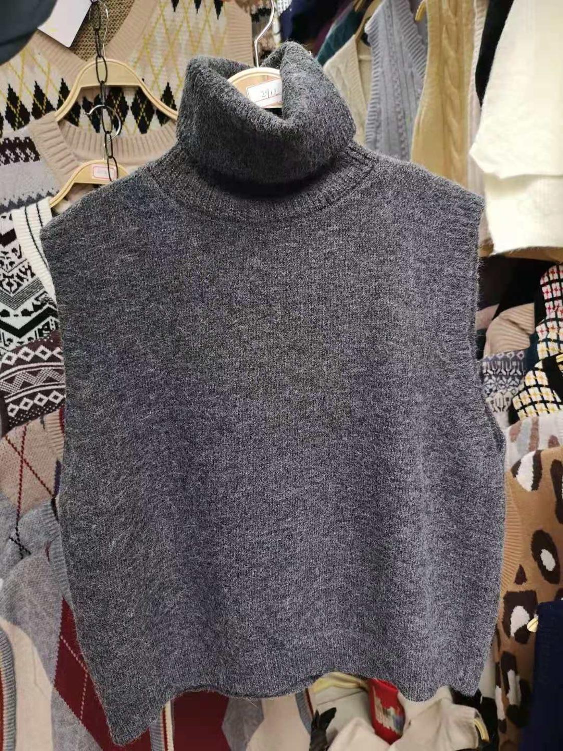 Mjuk ulltröja väst kvinnor vinter koreansk stil vintage turtleneck ärmlös tröja lös väst stickad linne  t561: Mörkgrå