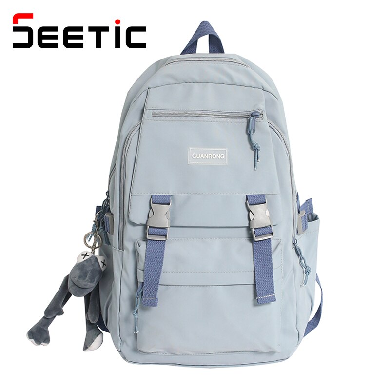 SEETIC Wasserdicht Schule Rucksack Mehrere Taschen Rucksack Weibliche Nylon Anti-Diebstahl Rucksack Frauen Einfarbig Rucksack: Blau Rucksack