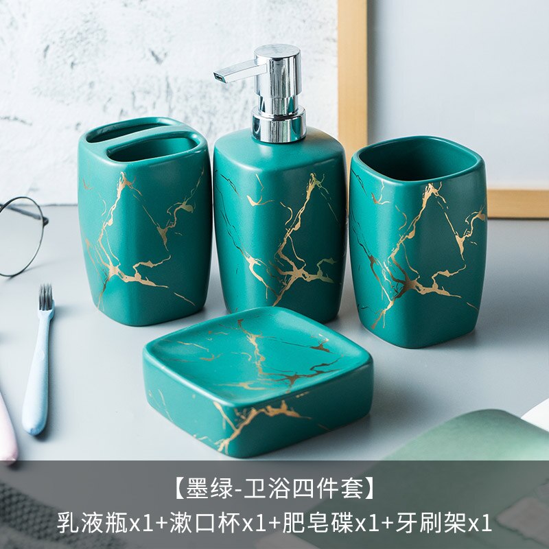 Marmer Keramiek Badkamer Set 5Pcs Zeepdispenser/Tandenborstel Houder/Tumbler/Zeepbakje Lade Badkamer Decoratie accessoires: Green four-piece
