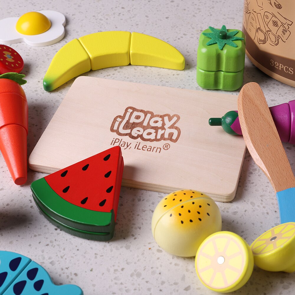 Wooden Cutting Cooking Food Sets, Pretend Play Kitchen Kits Toy, Magnetic Wood Vegetables Fruits for Ages 3, 4, 5, 6 Year