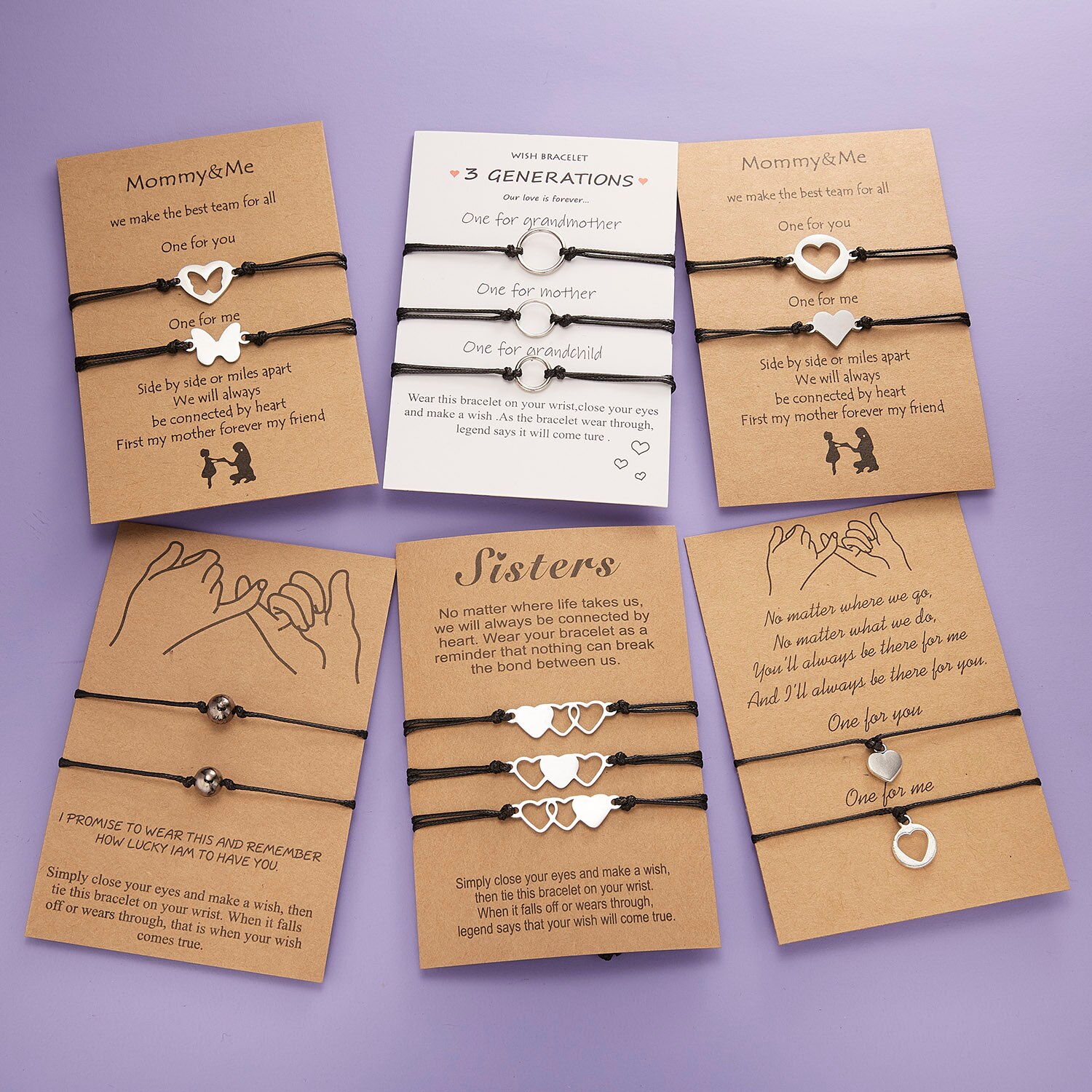 2pcs/set Heart Circle Beads Charm Bracelets For Women Girls Handmade Black Thread Bracelets Jewelry With Card Mother's Day