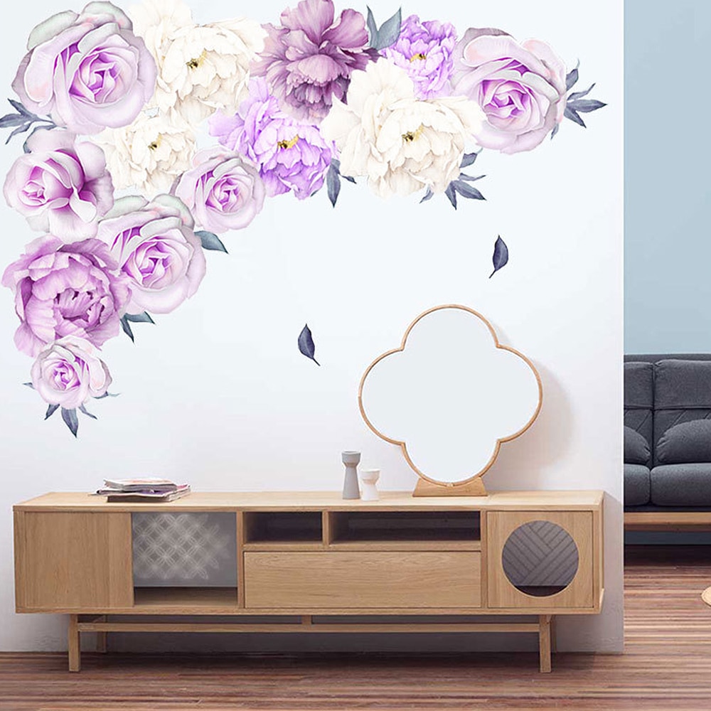 60x60cm Large Purple Peony Flower Wall Stickers Romantic Flowers Home