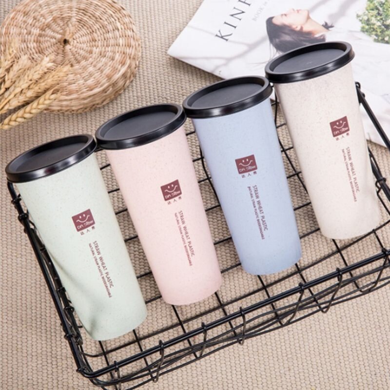 Cup Water Cup with Straws Double Lid Portable Hand Cup Wheat Straw Cola Coffee Plastic Travel Cup Drinking Cup Home Office