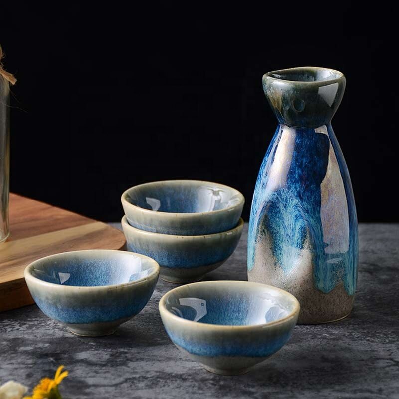 Japanese Retro Style Kiln Change Blue Color Glazed Household Ceramic Sake Cup 40Ml 4 Pcs with 1 Pc130Ml Pot Sets Teacup Cuisine