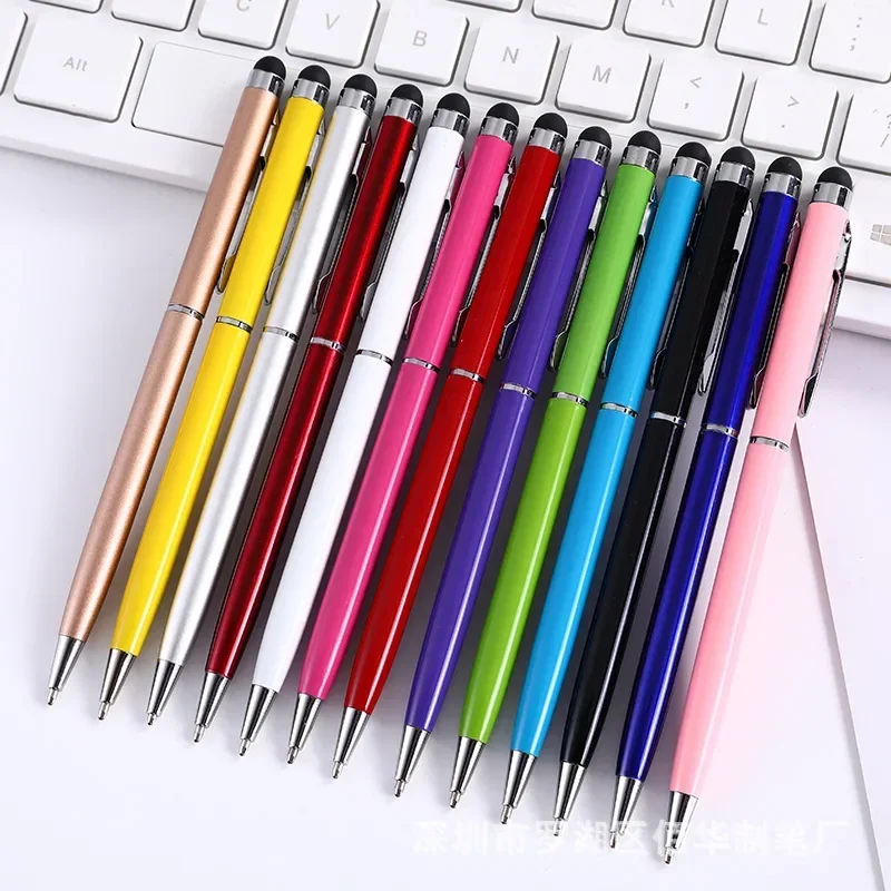 20-200 pennen per pakket Mini metalen 2-in-1 Stylus Universele balpen Aangepast logo Tekstgravure Kantoor School Reclamepen