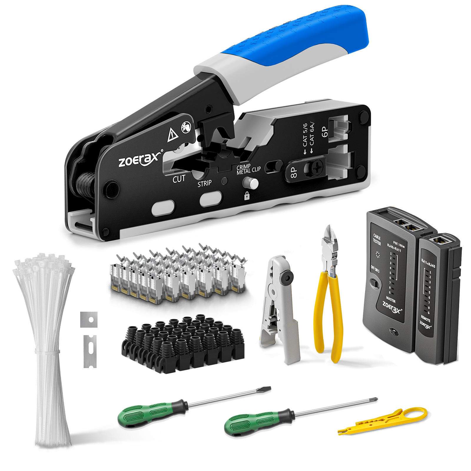 ZoeRax Network Tool Kit - Cat7 Cat6A Cable Tester, Crimper, Wire Cutter, Connectors, Boots, Ties, Screwdrivers: SKY BLUE