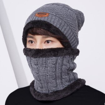 SILOQIN Winter Men's Beanie Hat Plus Velvet Thick Windproof Warm Scarf Knitted Wool Hats For Men Multipurpose Collar Earmuff Cap: gray