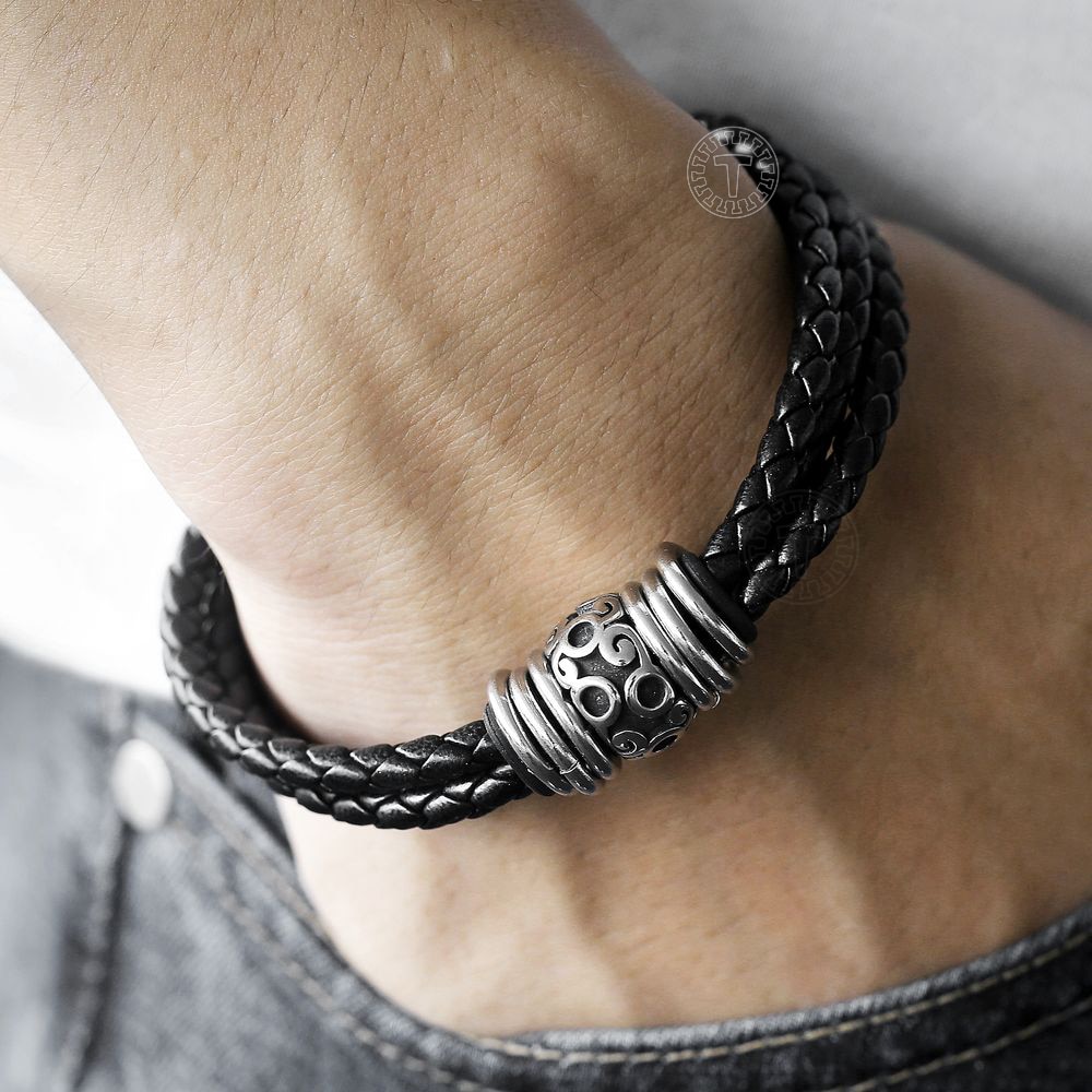 Pulsera de piel trenzada para hombre, brazalete único de piel trenzada multicapa, de acero inoxidable, cierre magnético, , DLB104