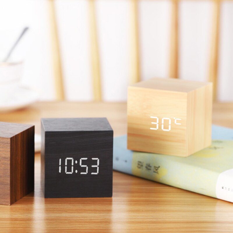 1PC Modern Wooden Cube USB Voice Digital Alarm Clock Digital Alarm LED Display Despertador Luminous Control Clock