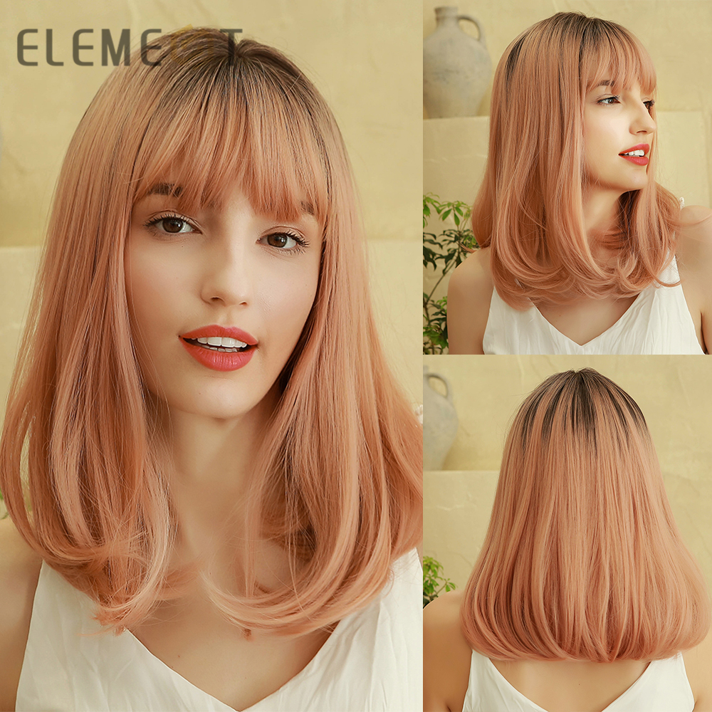 Element 16 Inch Synthetic Wig With Bangs Natural Headline Ombre Brown Color Cosplay Party Replacement Wigs for Women: LC292