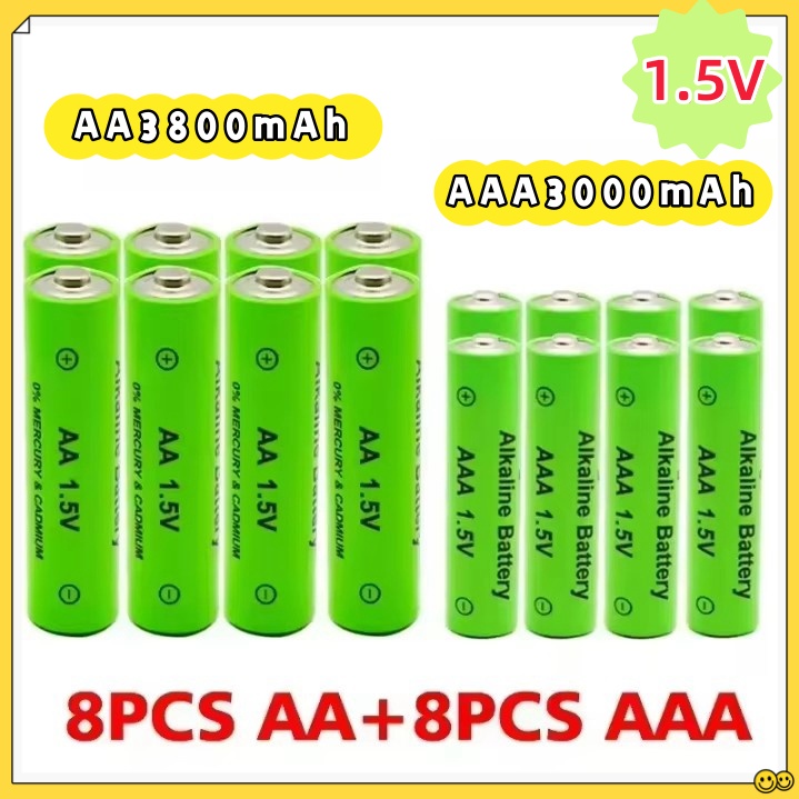 Aa- og aaa-batterier, 1.5v oppladbare batterier, 3000 mah alkalisk batteri for fjernkontrollmus, datamaskiner, lekeklokker