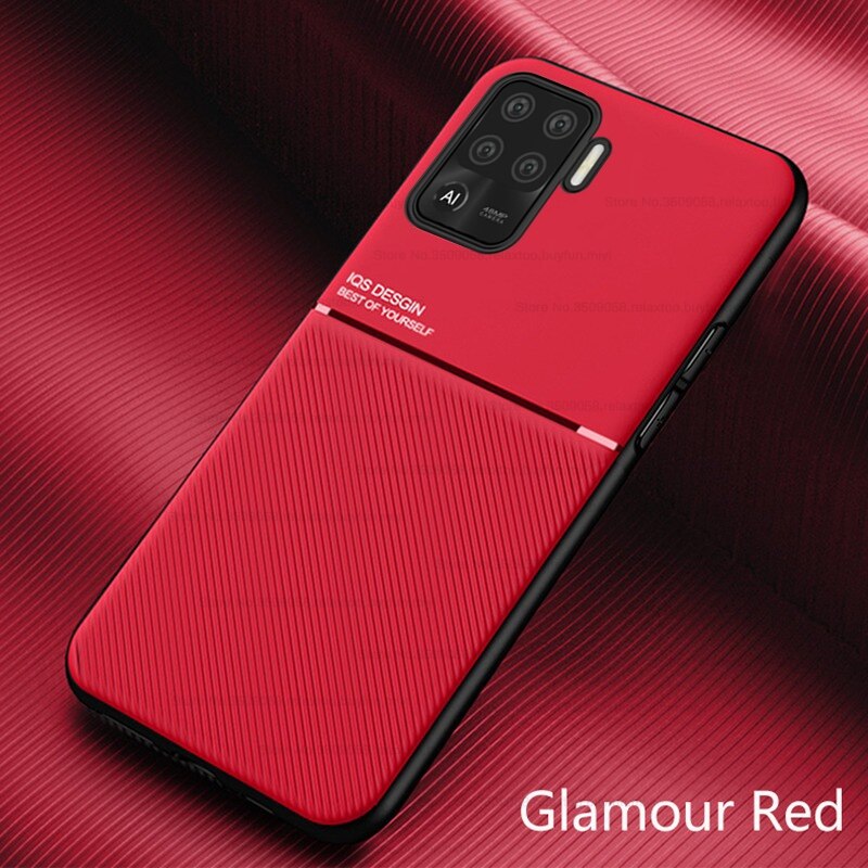 Lederen Textuur Magnetische Autohouder Silicon Bumper Shockproof Coque Cover Voor Oppo Reno5 Licht Reno 5 Lite 5 Lite case Cover: red