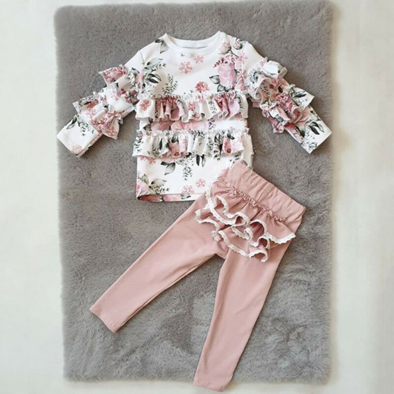 Del bambino Del Capretto Della Ragazza della Tuta Floreale Magliette e camicette T-Shirt Volant Pantaloni Abiti