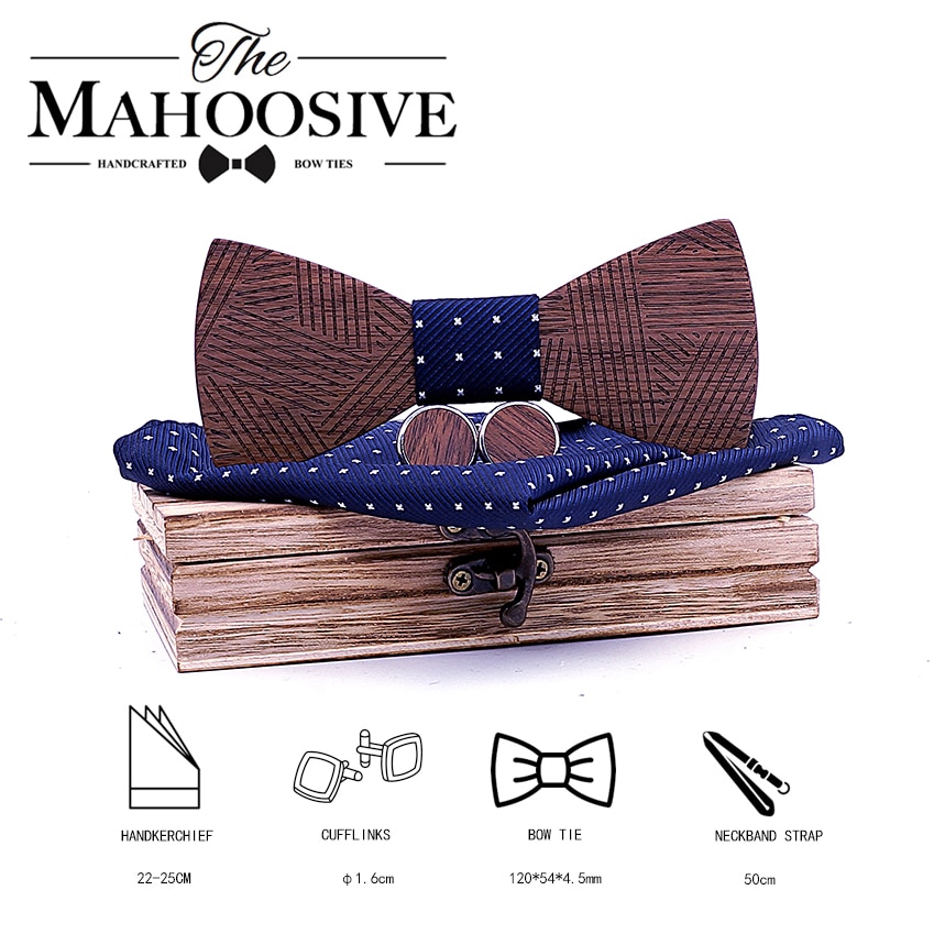 Conjunto de pajarita de madera a cuadros para hombre, conjunto de pajarita de madera a rayas, pañuelo y gemelos con caja de madera para hombre, de boda