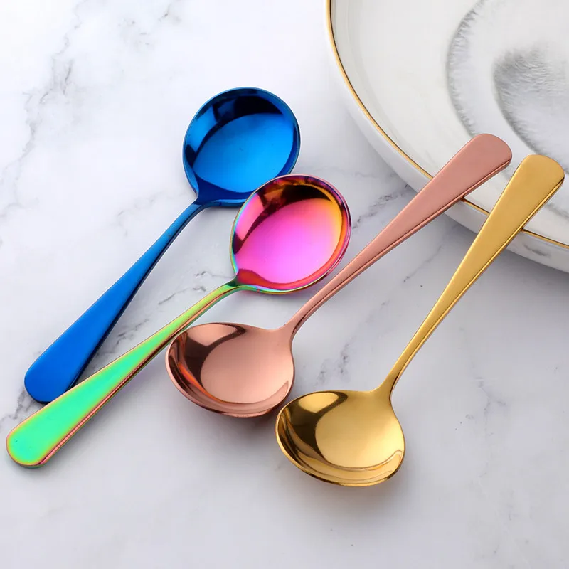 6/8/11Pcs Stainless Steel Soup Spoons Round Dessert Spoon 11 Colors Spoons Set Ice Cream Scoop Spoon In Party Dinnerset