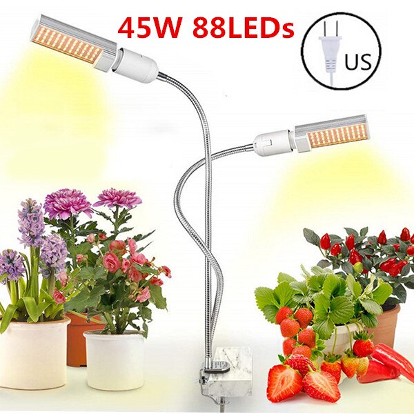Luces LED para cultivo de plantas, lámpara de espectro completo E27 de doble cabeza Flexible de cuello de cisne para invernadero, Phyto, 45W, 50W, 60W, EU/US: US 45W