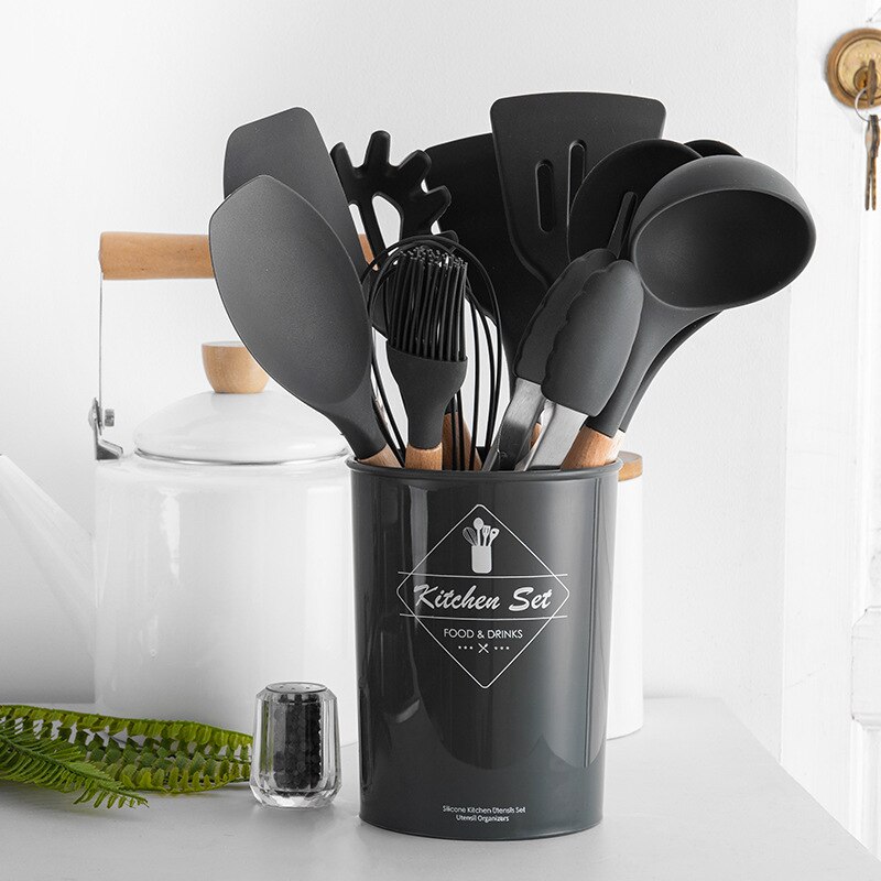 Juego de utensilios de cocina de silicona antiadherente espátula pala con asa de madera conjunto de utensilios para cocina con caja de Almacenamiento Herramientas de cocina: 10pcs Black