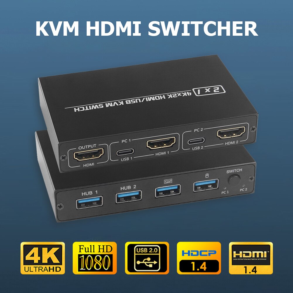 AIMOS AM-KVM 201CL 2-in-1 HDMI-compatible/USB KVM Switch Support HD 2K*4K 2 Hosts Share 1 Monitor/Keyboard& Mouse Set KVM Switch