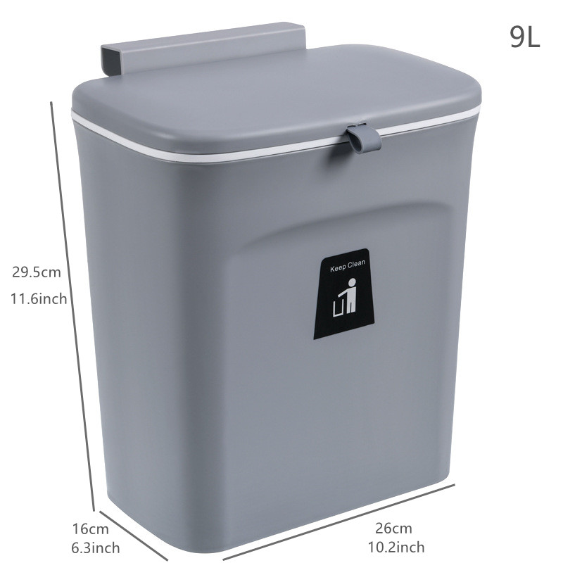 Wall Mounted Trash Can Bin With Lid Waste Bin Kitchen Cabinet Door Hanging Trash Bin Garbage Bin Dustbin Rubbish Waste Container: 9L With Lid Gray