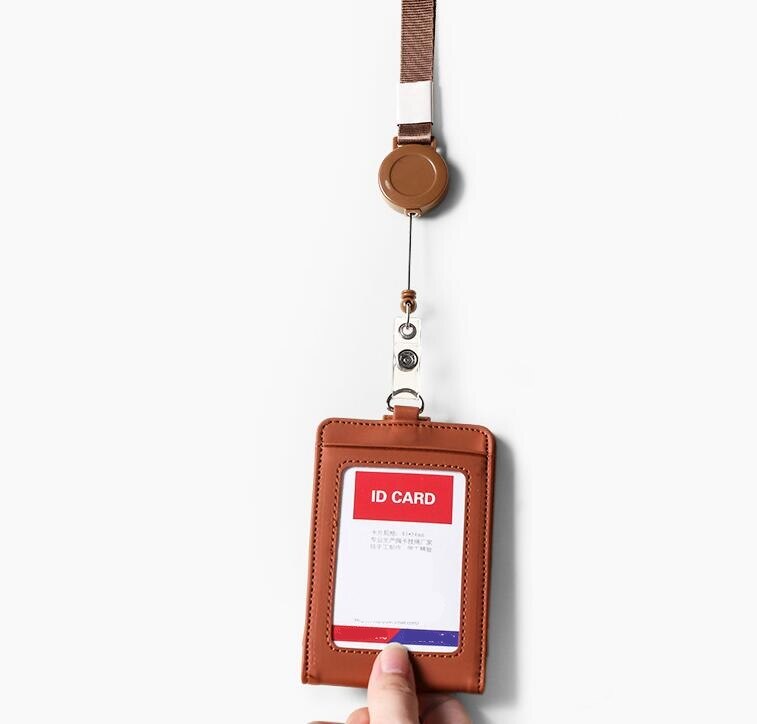 1pc Retractable Badge Lanyard Work Name Business Card Cover Card Holder PU Leather Card Wallet