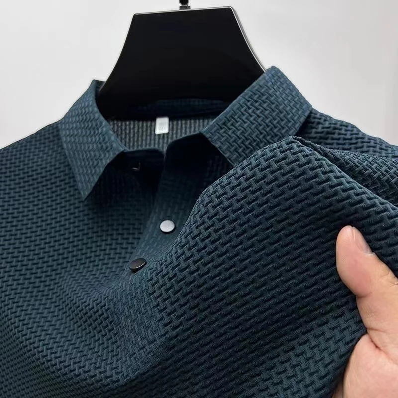 Nueva camisa POLO de Color sólido con flores de hueso de manga corta informal de negocios para hombre, Top versátil cómodo y transpirable a la para verano: XL / Azul