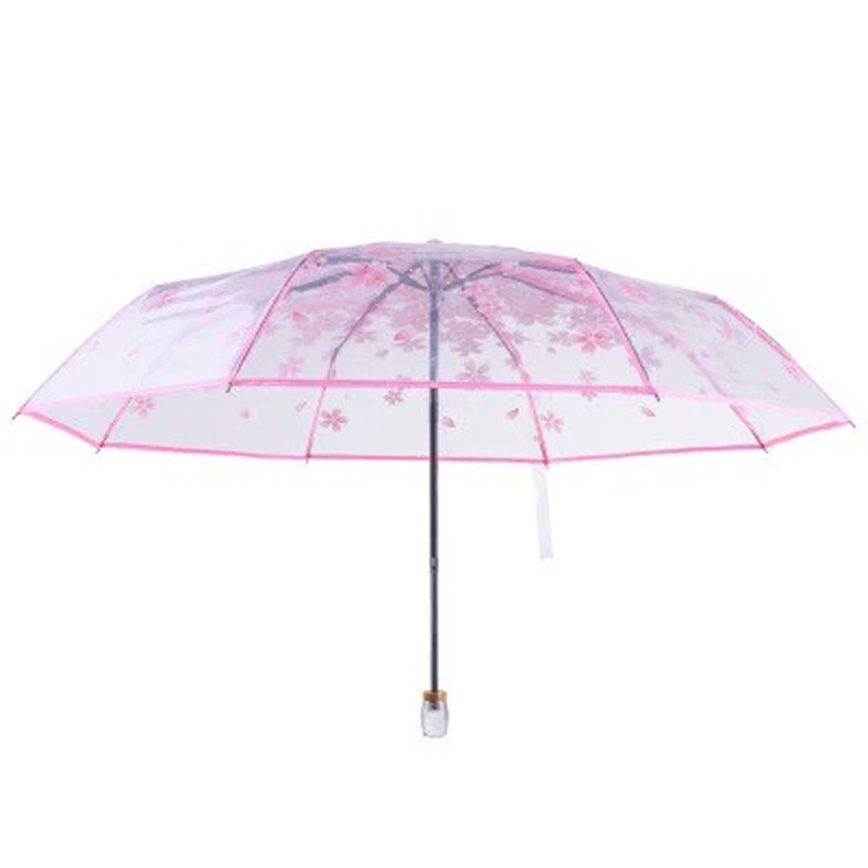Parapluie romantique Transparent | Parapluie en fleurs de cerisier à trois plis pour femme, parapluie de cerise japonais coréen pour femme, parapluie d'art frais