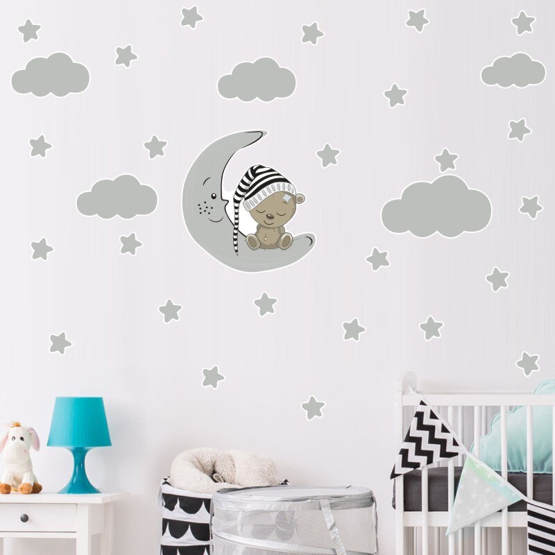 Tofok tecknad härlig stjärnor månbjörn moln väggklistermärke heminredning sovrum barnrum plantskola affisch konst väggmålning dekal tapet