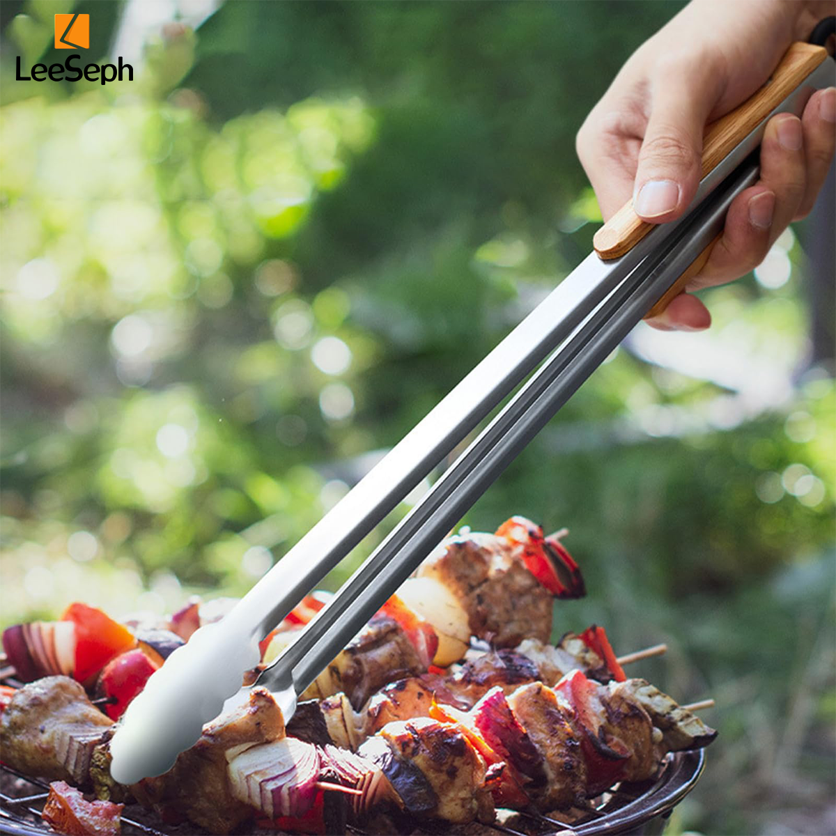 Pince de cuisson en acier inoxydable avec poignée en chêne, pince à salade avec anneau de verrouillage, gadget de cuisine pour barbecue à salade