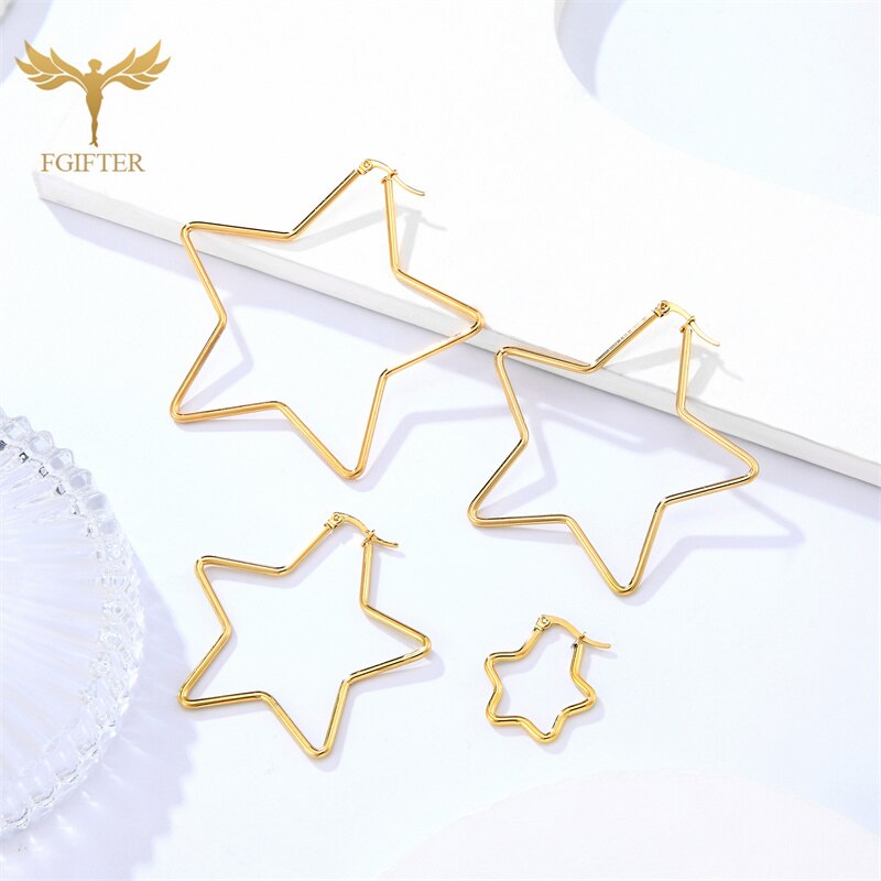 30mm 50mm 60mm 70mm Geometry Star Earrings For Women Stainless Steel Hoops Ear Nipple Piercing Ring Golden Steel Jewelry