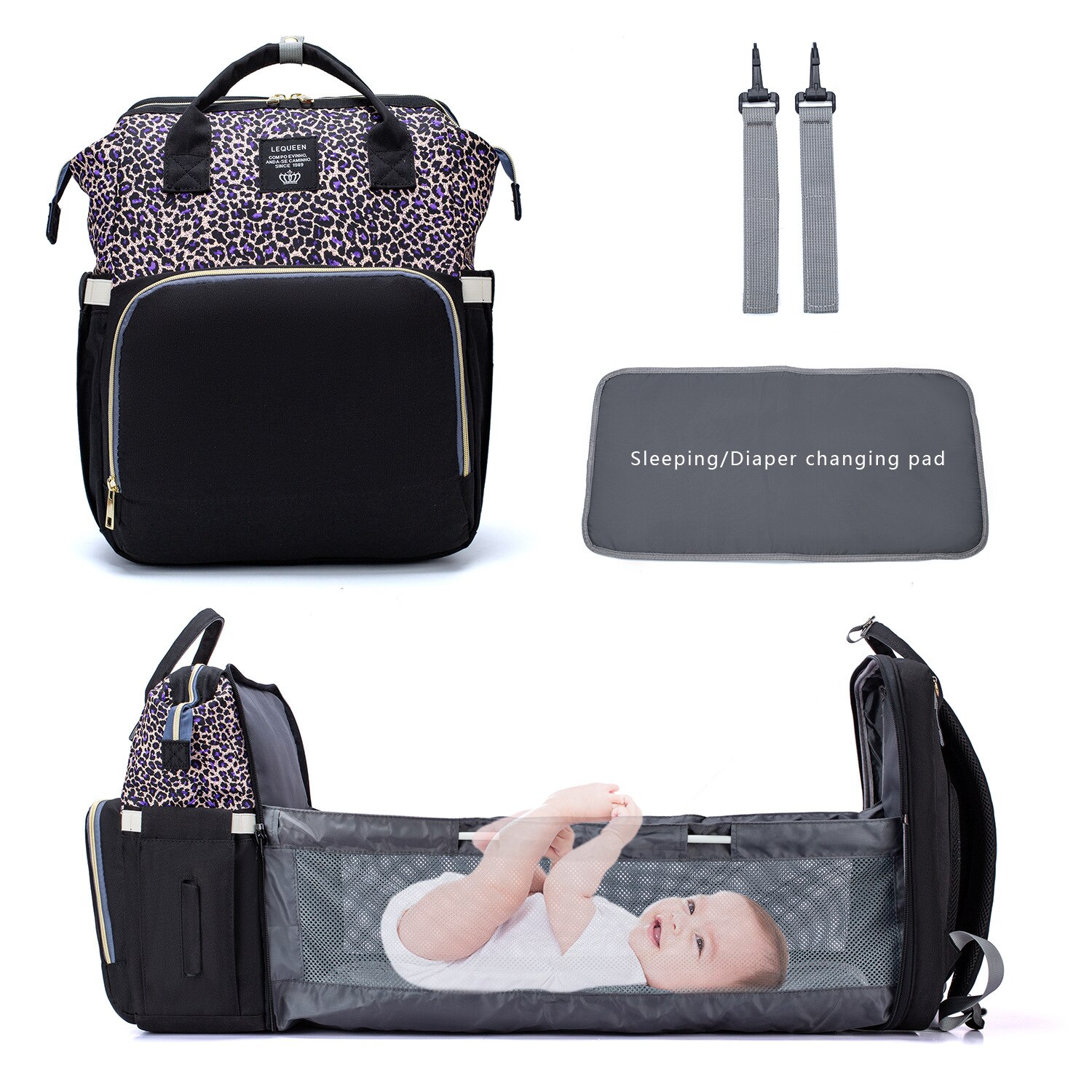 Lequeen – sac à langer en tissu imperméable pour maman, de berceau, sac à dos à crochets pour matelas à langer, sac de lit de maternité LPB22: LPB22-Leopardpurple