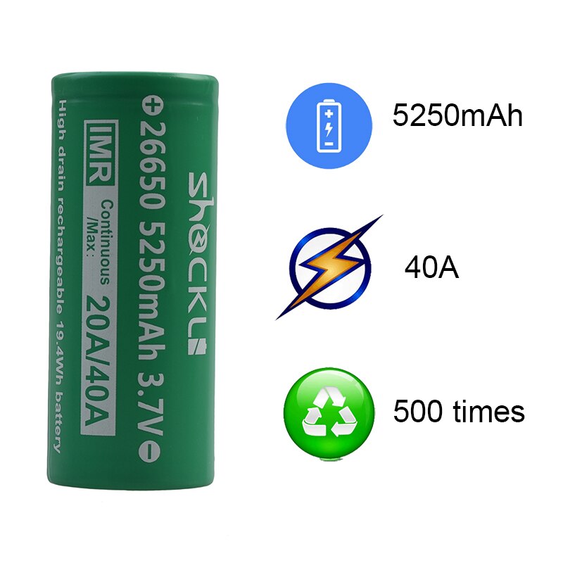 Shockli 26650 5250mAh 3.7v Li-ion rechargeable battery 30A 40A 26650 lithium battery for high power flashlights torch