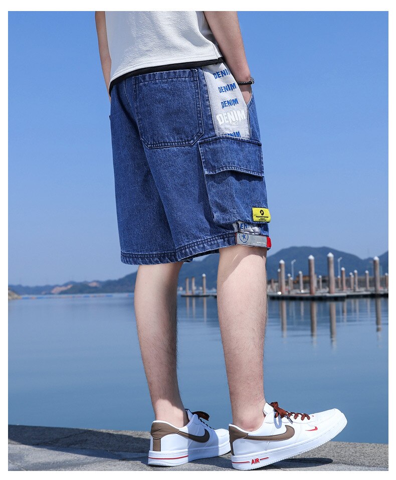 Cargo jean shorts sommer multi lommer halv jeans street wear korte denim jeans