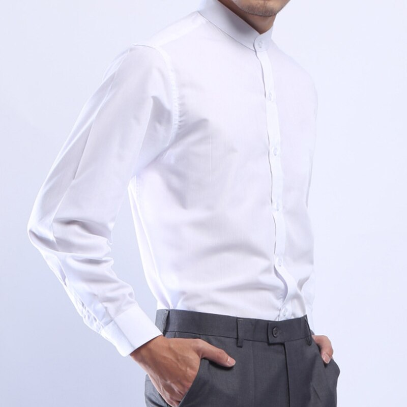 Men Mandarin Stand Collar White Dress Shirt Long Sleeve Chinese Style Single Breasted