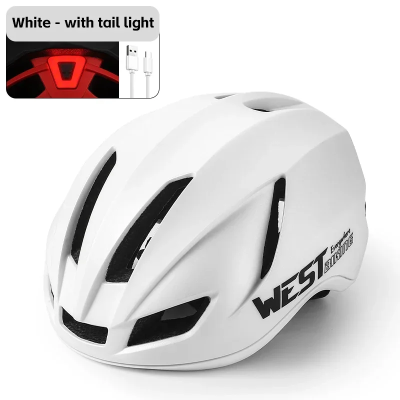 West Biking-Casco aerodinámico de ciclismo para hombre y mujer, casco de bicicleta de carretera de , PC + EPS, con luz trasera de advertencia USB: l / Blanco