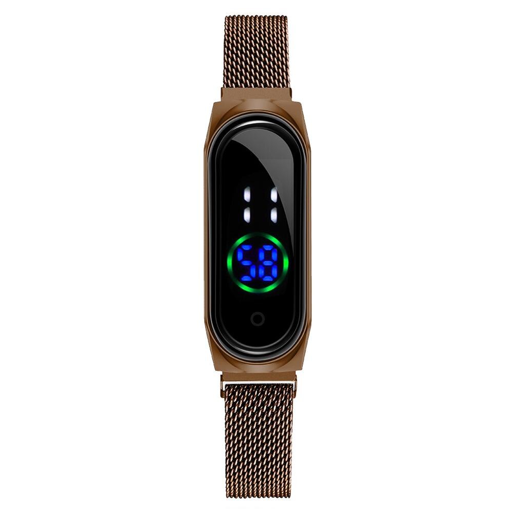 Dames Horloge Vrouwen Touch Screen Led Horloges Rose Goud Magnetische Mesh Riem Elektronische Klok Digitale Horloges Relogio Feminino: brown