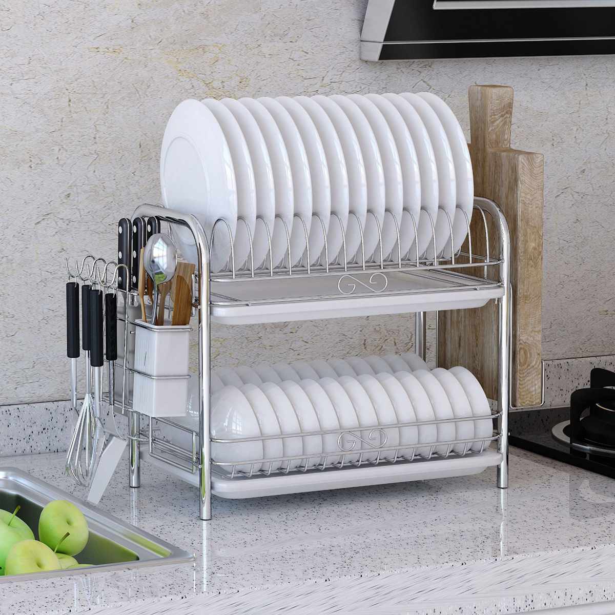 2/3 Tiers Dish Drying Rack Holder Basket Plated Iron Home Washing Great Kitchen Sink Dish Drainer Drying Rack Organizer Black: A 2 Tiers