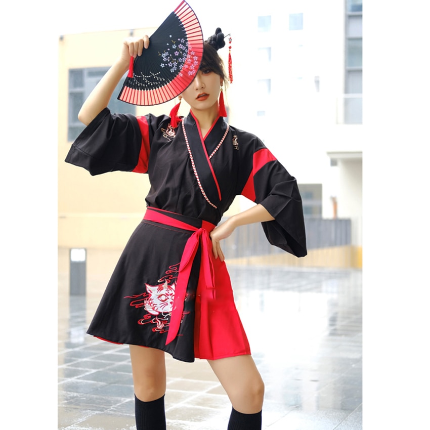 Japanischen Kimono Kleid Frau Schwarz Weiß Katze Stickerei Süße Mädchen Jahrgang Asiatische Kleidung Yukata Haori Cosplay Party 2 stück einstellen