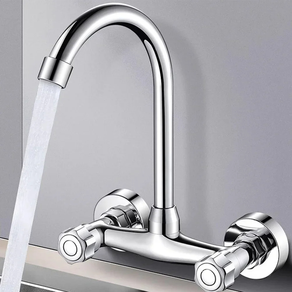 Stainless Steel Kitchen Sink Faucet Double Hole Wall Mounted Cold And Faucet 360degree Swivel Kitchen Faucet