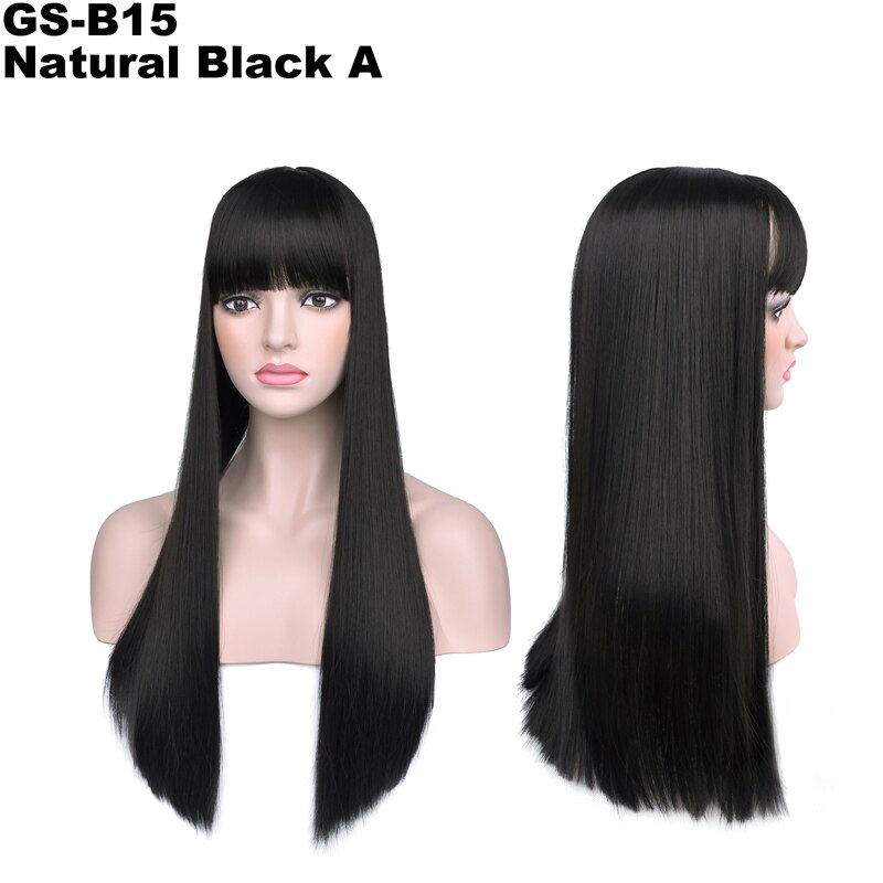 Girlshow langt hår pandehår til kvinder 24 " klip i toupé hårstykker lige/bølget topper hår med pandehår brun sort: B15 naturlig sort a