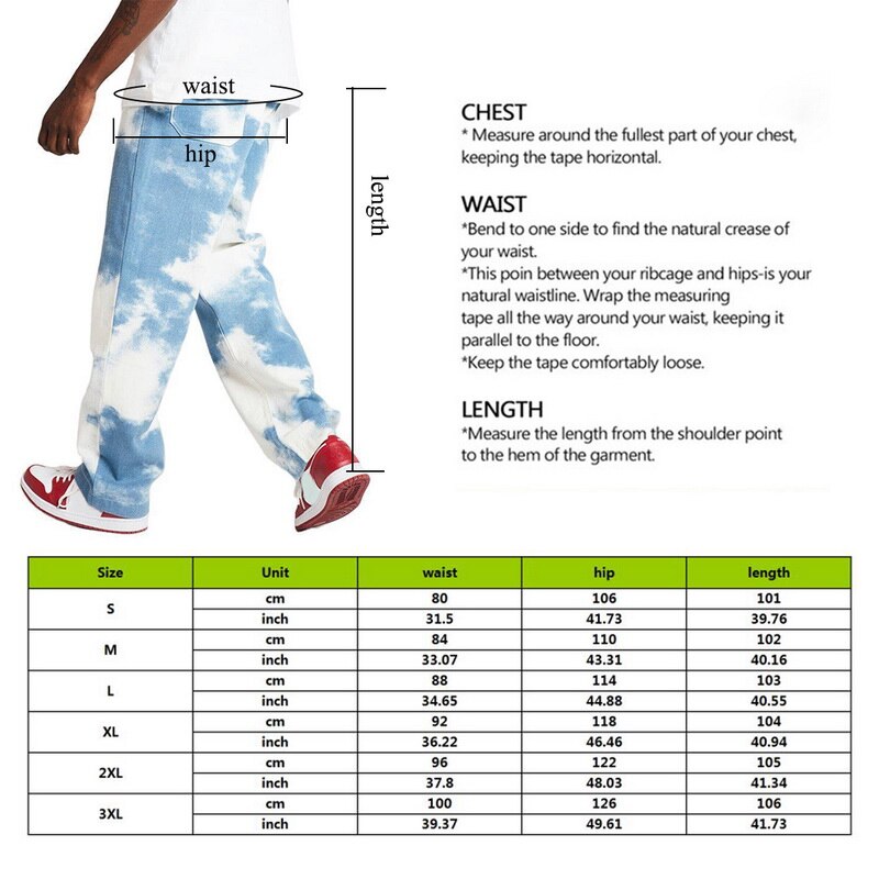 Men Casual Loose Straight Denim Pants Tie Dye Print Sky Blue Long Trouser Straight Jeans Button Fly Full Length High Cn(origin)