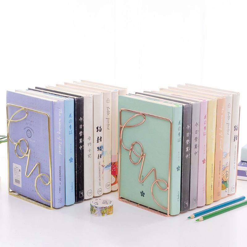 2Pcs/Pair Love Shaped Metal Bookends Desk Storage Holder Shelf Book Organizer Stand 19QA