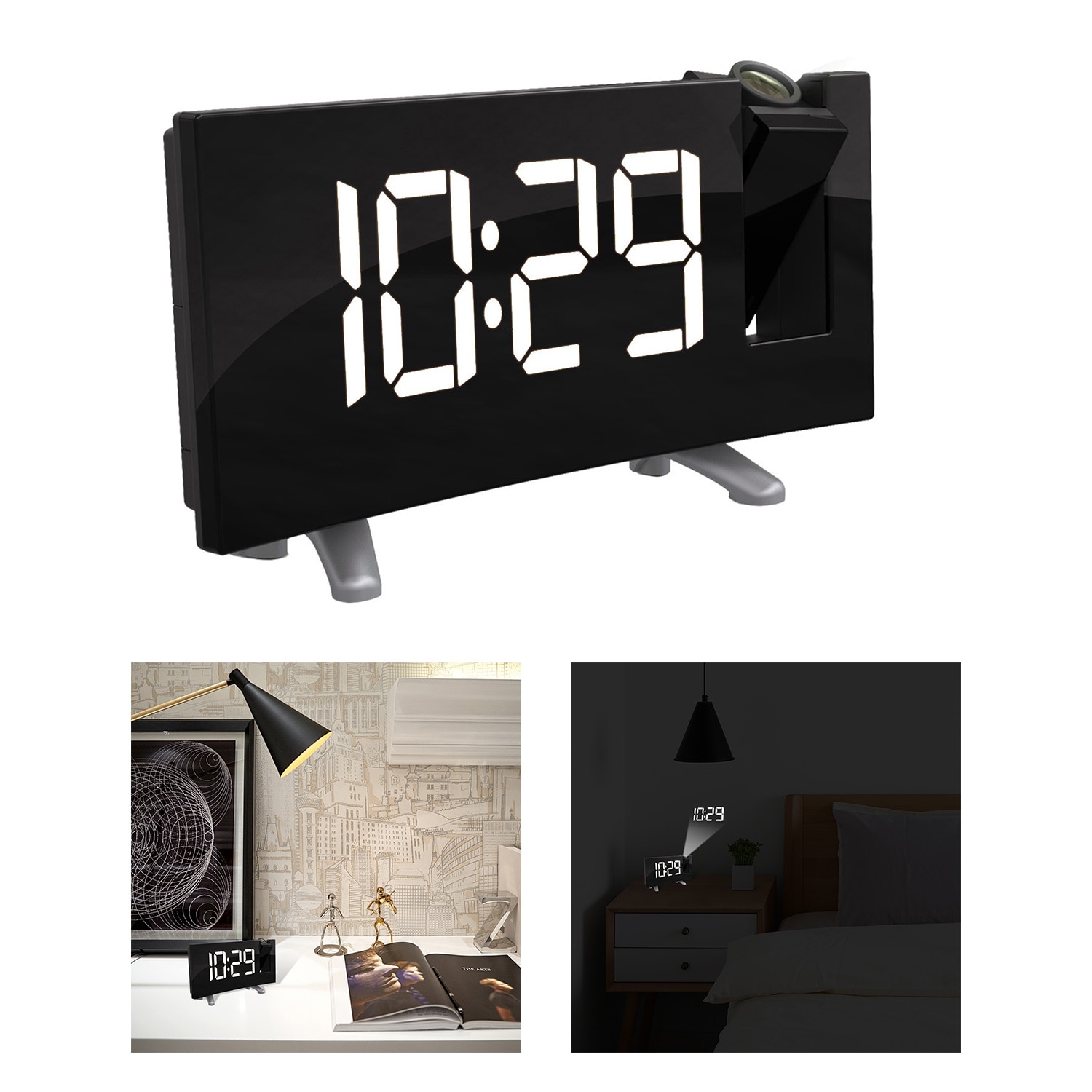 Digital projektor radio väckarklocka snooze timer led display bred böjd skärm usb laddning 180 grader bord vägg fm radio klocka