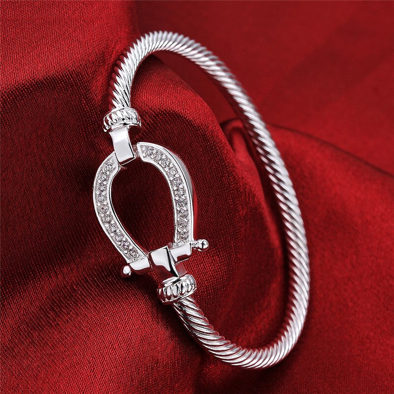 Pure Silver Horse Shoes Bangle Bracelet for Women Femme Pulseria Costume Jewelry Decorations U Clasp Water Bracelet