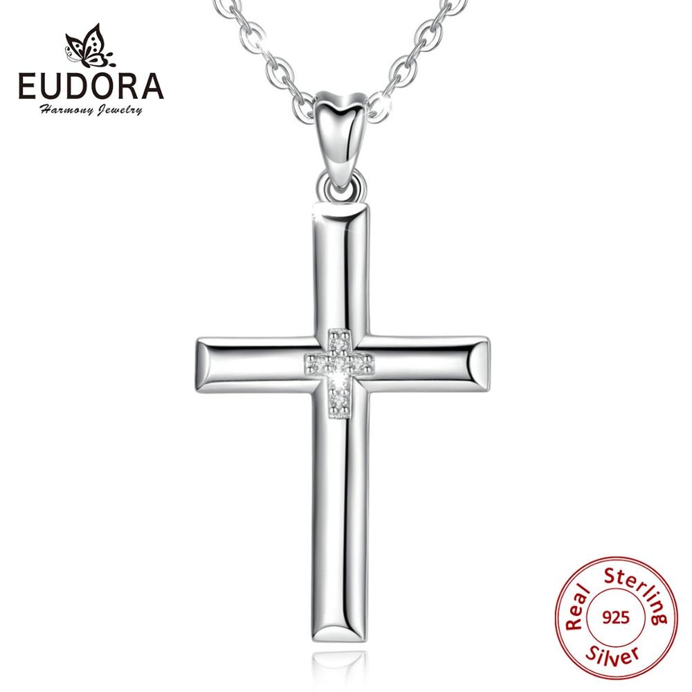 Eudora 925 Sterling Zilveren Kruis Hanger Ketting Effen Zilveren Kruis Kristal Ketting Fijne Sieraden Met Doos Voor Vrouwen Man CYD468