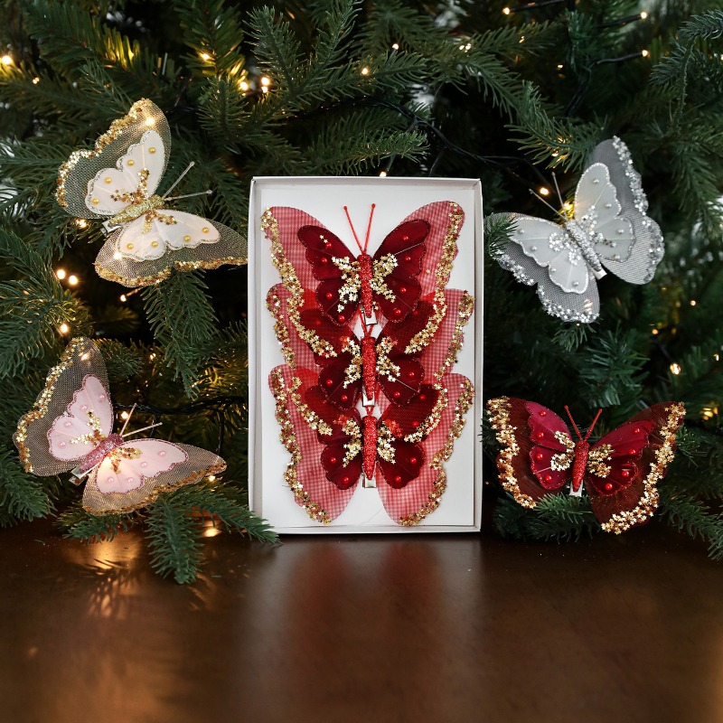 Christmas Decoration Double Layer Butterfly Christmas Tree Clip Hanging Decoration Sparkling Pink Hollow Pendant Decoration