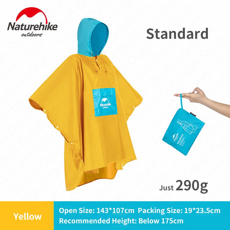 Naturehike Outdoor Hiking Poncho Portable Raincoat Ultraight Rainproof Windproof Climbing Poncho With Backpack Rain Cover: Yellow-M